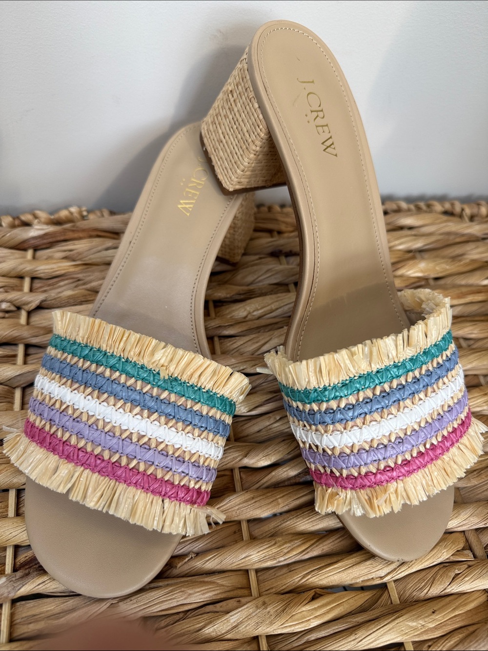 J. Crew Beige Raffia Slide Mules with Multicolor Stripe Trim